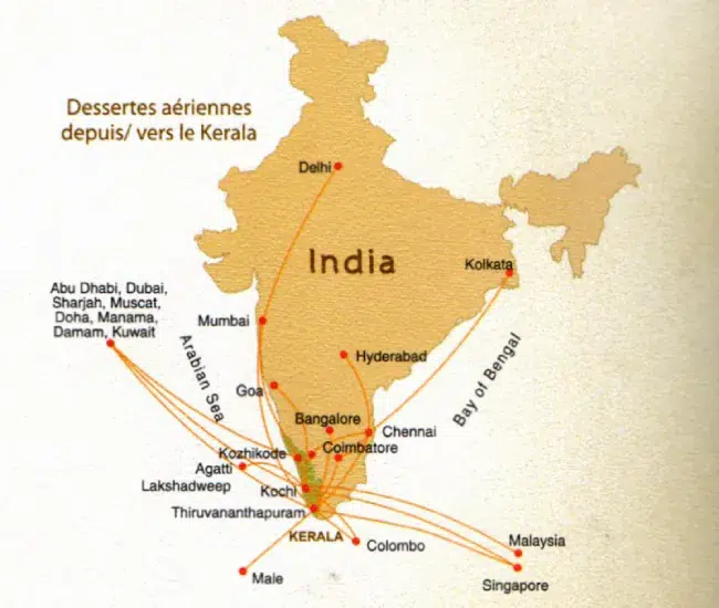 Carte des vols depuis Kerala, Inde