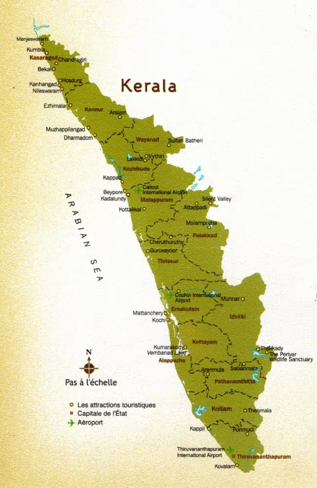Carte touristique de l'État de Kerala, Inde